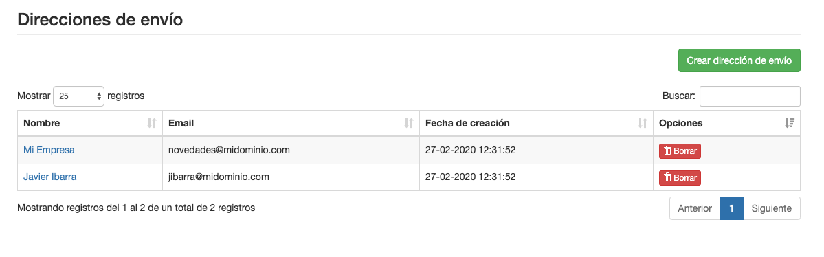 Eliminar una dirección de envío para Email - SMS Perception