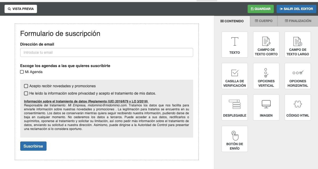 Puedes escoger las agendas a las que se suscribirán quien complete el formulario - SMS Perception