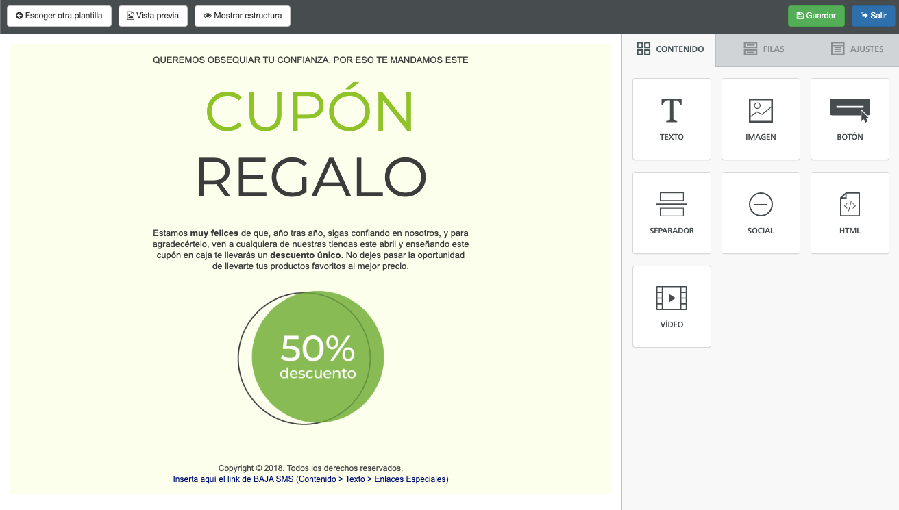 Disenya el contenido al crear una Plantilla de Email - SMS Perception